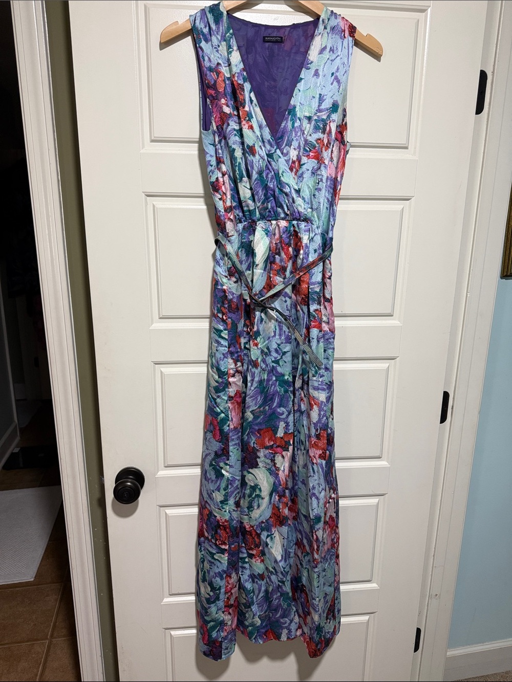 Magaschoni floral pure silk maxi dress with belt 6 designer satin